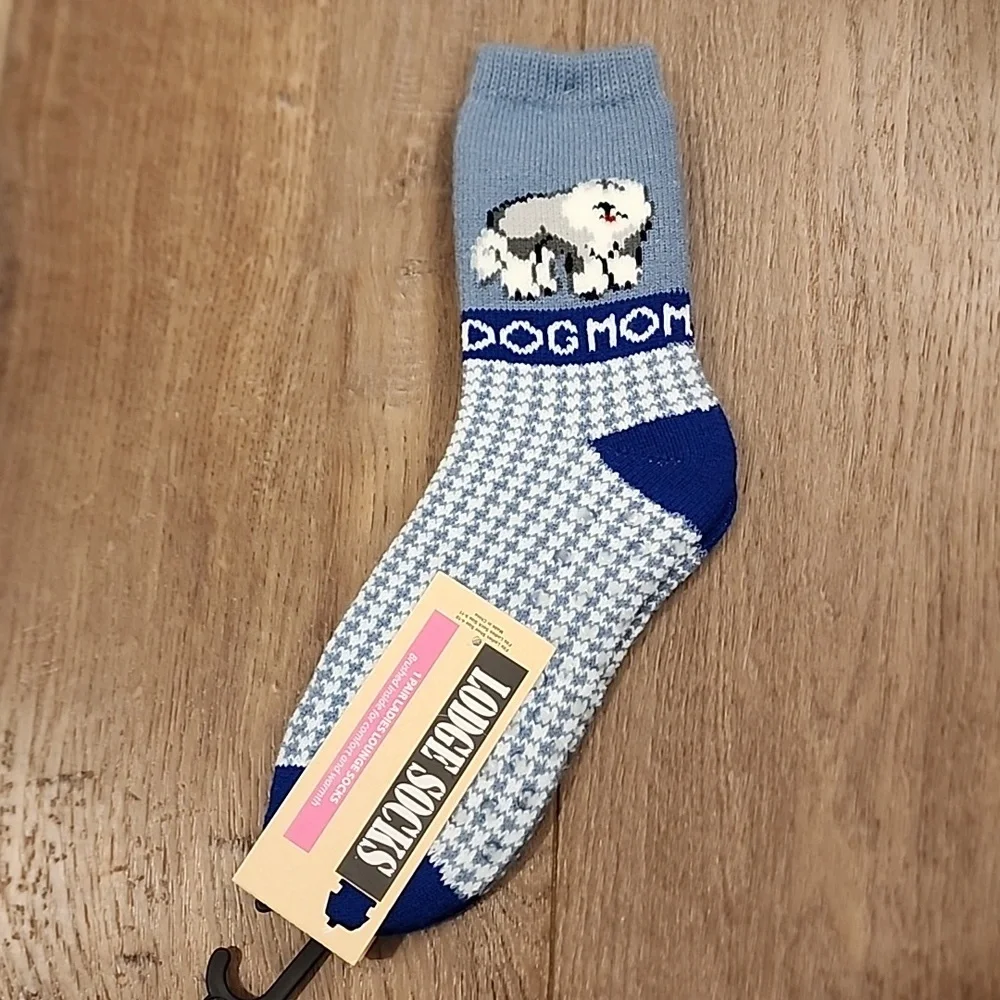LeGale Dog Mom Lodge Socks Bottom Grippers Loungewear Cozy Blue Sheepdog Women's